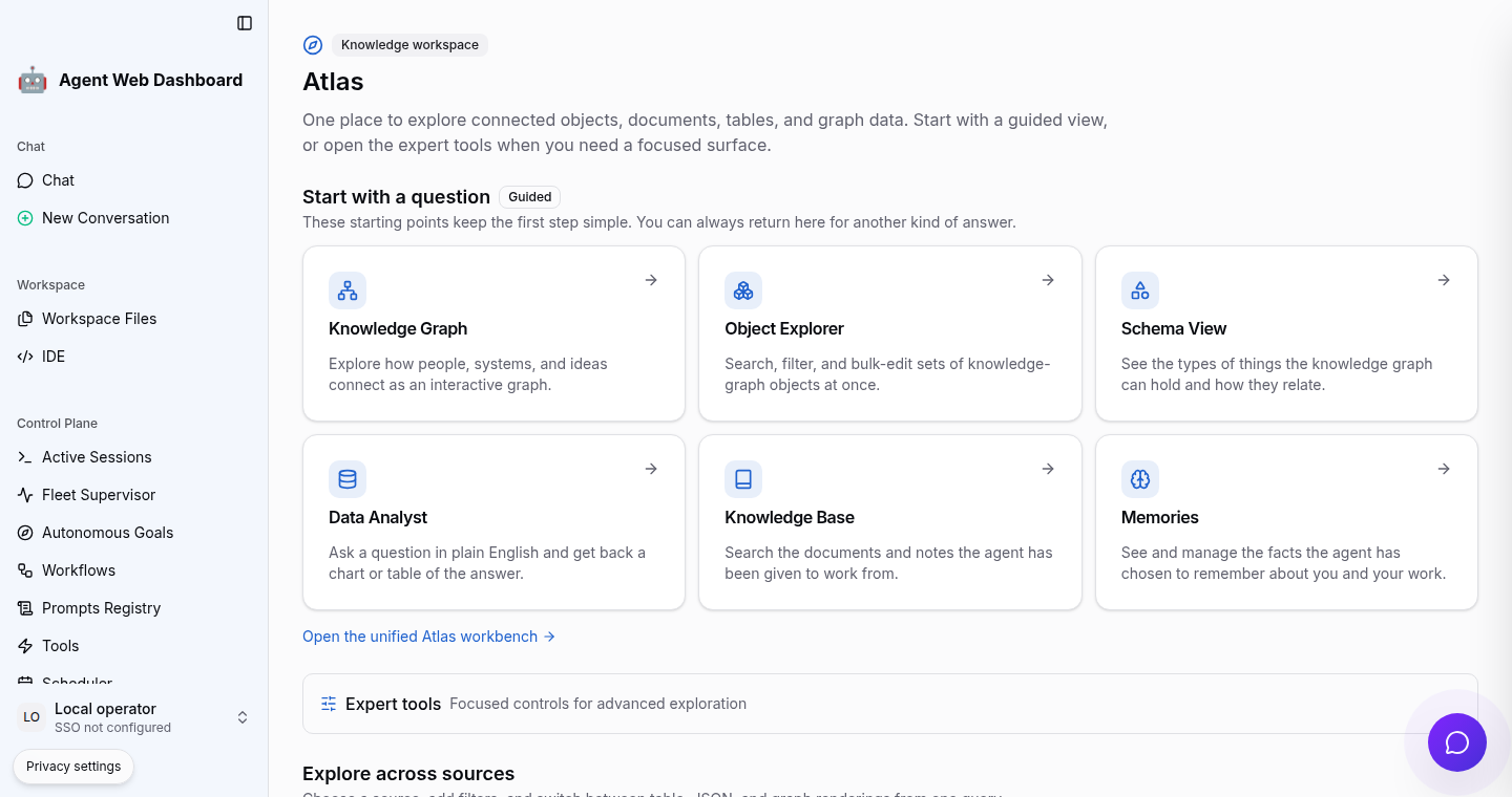 The Agent WebUI Atlas workspace presents guided knowledge entry points and expert query tools.
