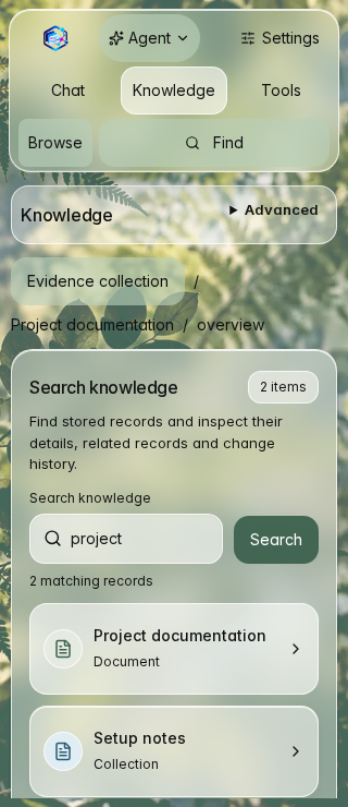 320px Knowledge with synthetic project search results; detail content continues below the initial viewport.