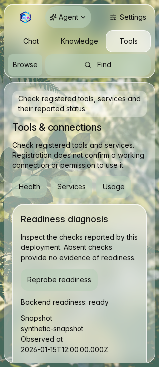 320px Tools and connections with synthetic readiness data in a scrollable task panel.