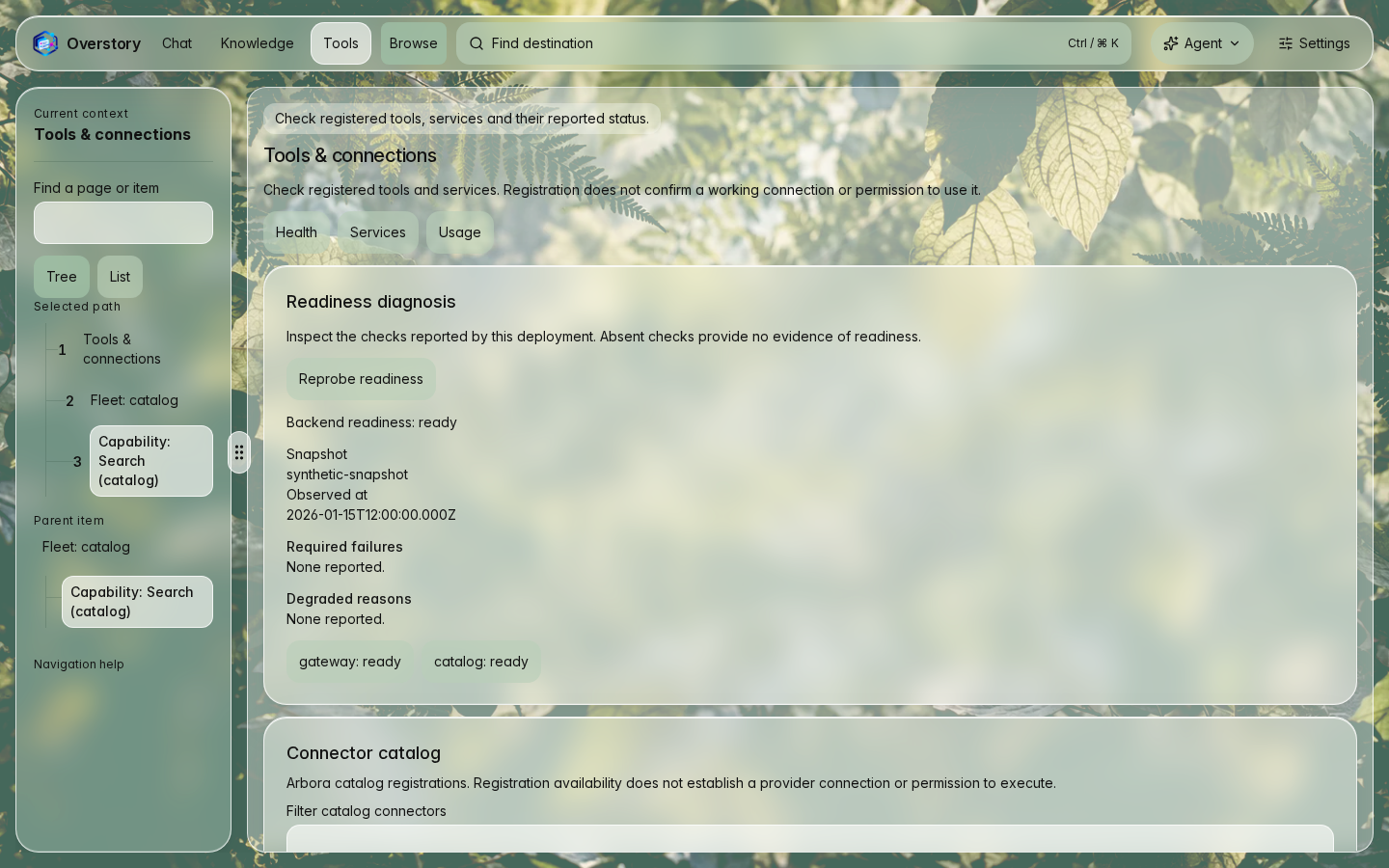 Desktop Tools and connections with synthetic readiness and connector catalog data.