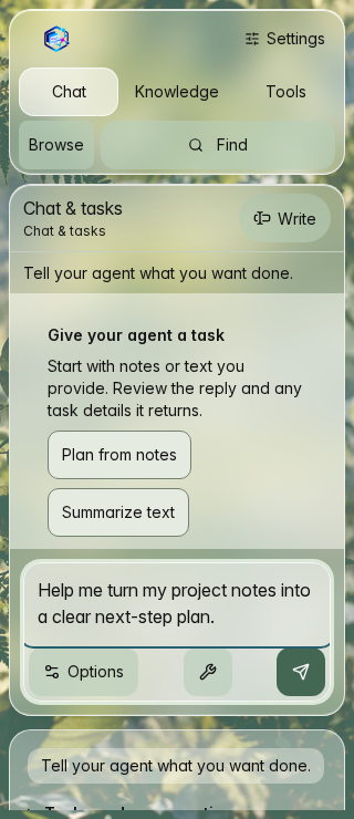 320px Chat and tasks with the unsent draft and composer controls visible.