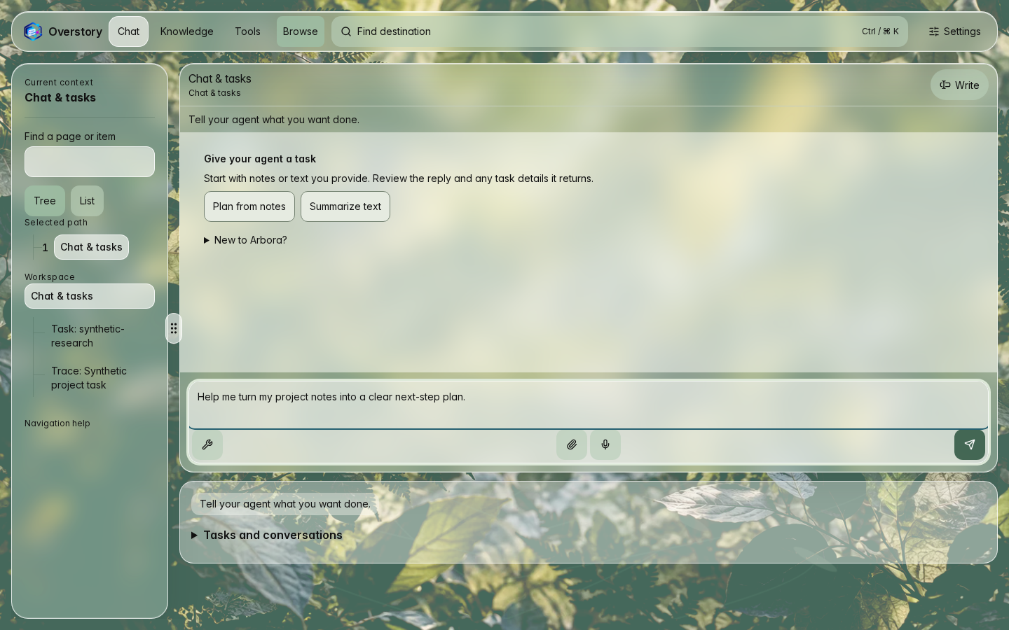 Desktop Chat and tasks with a synthetic unsent project draft and green composer controls.
